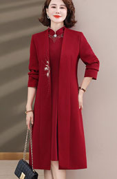 2 Pieces Red Embroidered Mothers Cheongsam Dress & Coat