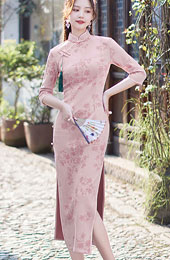 Pink Floral Suede Winter Cheongsam Qipao Dress