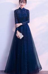 Blue Sequined Qipao Cheongsam Evening Dress with Tulle Skirt
