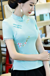 Green White Floral Embroidery Qipao Cheongsam Top