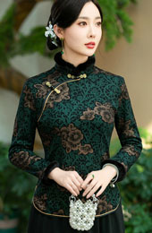 Faux Fur Trim Floral Fleece Lined Winter Cheongsam Blouse Top