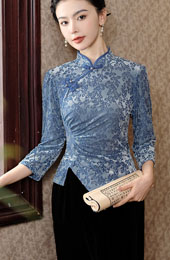 Blue Floral Velvet Irregular Cheongsam Blouse Top