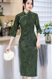 Green Jacquard Floral Winter Cheongsam Qipao Dress