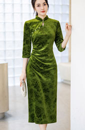 Green Floral Velvet Winter Cheongsam Qipao Dress