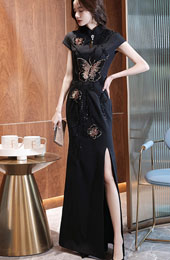 Black Beaded Butterfly Split Fishtail Qipao Cheongsam Dress