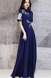 Blue Appliques A-line Maxi Cheongsam Qipao Dress