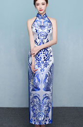 Blue Floral Halter Qipao Cheongsam Prom Dress with Split