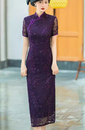 Purple Red Floral Velvet Maxi Qipao Cheongsam Dress