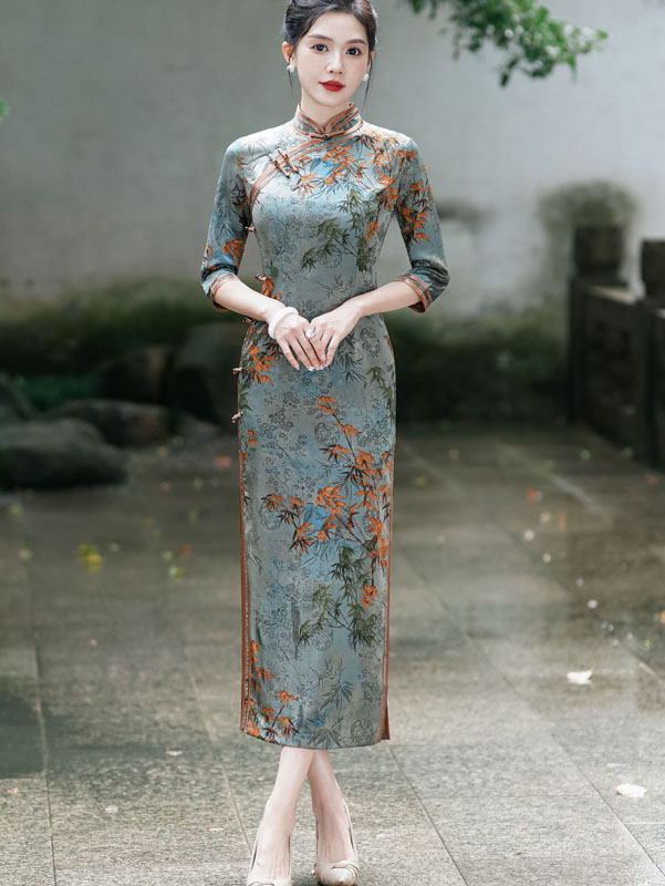 Blue Floral Mothers Winter Qipao Cheongsam Dress