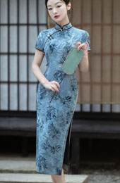 Blue Bamboo Print Midi Cheongsam Qipao Dress