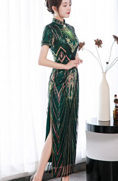 Green Sequined Velvet Full Cheongsam / Qipao Dress