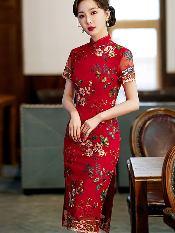 Red Embroidered Lace Mid Cheongsam Qipao Dress