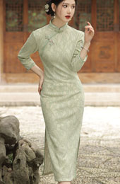 Green Floral Lace Mid Cheongsam / Qipao Dress
