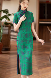 Green Jacquard Floral Cheongsam Qipao Dress