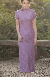 Purple Jacquard Floral Qipao Cheongsam Dress