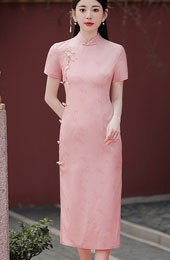 Pink Bamboo Print Midi Cheongsam Qipao Dress