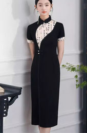 Black Colorblock Midi Modern Qipao Cheongsam Dress