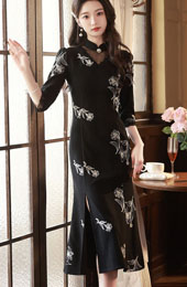Black Embroidered Midi Winter Cheongsam Qipao Dress