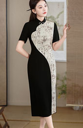 Color-Block Print Qipao Cheongsam Dress
