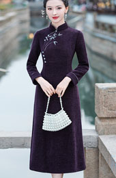 Purple Embroidered Mothers Winter Qipao Cheongsam Dress