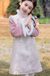 Pink Jacquard Kids Girls Winter Qipao Cheongsam Dress