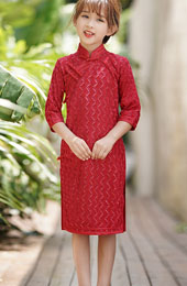 Red Grid Kids Girls Qipao Cheongsam Dress
