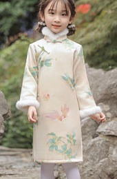 Floral Print Kids Girls Winter Qipao Cheongsam Dress