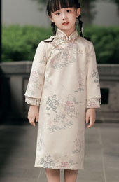 Beads Tassels Kids Girls Winter Suede Qipao Cheongsam Dress