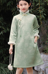 Green Kids Girls Winter Pocket Qipao Cheongsam Dress