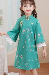 Green Floral Suede Kids Girls Winter Qipao Cheongsam Dress