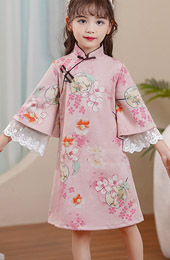 Pink Floral Suede Kids Girls Winter Qipao Cheongsam Dress
