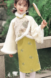 Yellow Embroidered Kids Girls Winter Qipao Cheongsam Dress