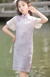 Purple Jacquard Kids Girls Qipao Cheongsam Dress