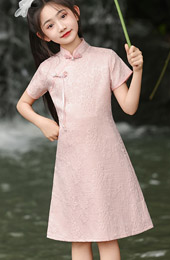 Pink Jacquard Kids Girls Qipao Cheongsam Dress