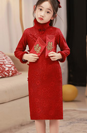 Red Shimmer Lace Fleece Kids Girls New Year Cheongsam Dress