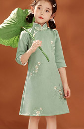 Green Floral Embroidery Kids Girls Qipao Cheongsam Dress