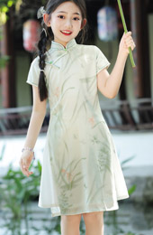 Green Floral Chiffon Kids Girls Qipao Cheongsam Dress