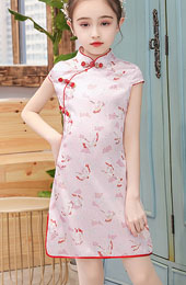 Pink Green Print Kids Girls Qipao Cheongsam Dress