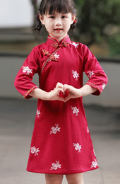 Red Embroidered Kids Girls Qipao Cheongsam Dress