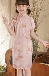 Pink Floral Print Kids Girls Qipao Cheongsam Dress