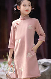 Pink Embroidered Suede Kids Girls Qipao Cheongsam Dress