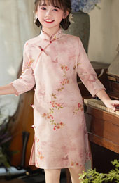 Pink Floral Suede Kids Girls Winter Qipao Cheongsam Dress