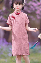 Pink Jacquard Chiffon Kids Girls Qipao Cheongsam Dress