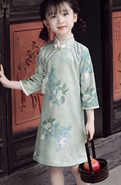 Green Floral Kids Girls Qipao Cheongsam Dress