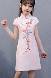 Pink Embroidered Kids Girls Qipao Cheongsam Dress