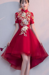 Red Appliques High Low Qipao Cheongsam Dress