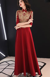 Red A-Line Full Maxi Wedding Qipao Cheongsam Dress