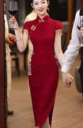 Red Sequined Lace Midi Bridal Cheongsam Qipao Dress