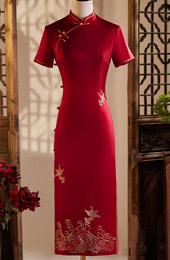 Red Mothers Embroidered Midi Cheongsam Qipao Dress