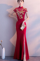 Red Split Front Fishtail Wedding Qipao Cheongsam Dress